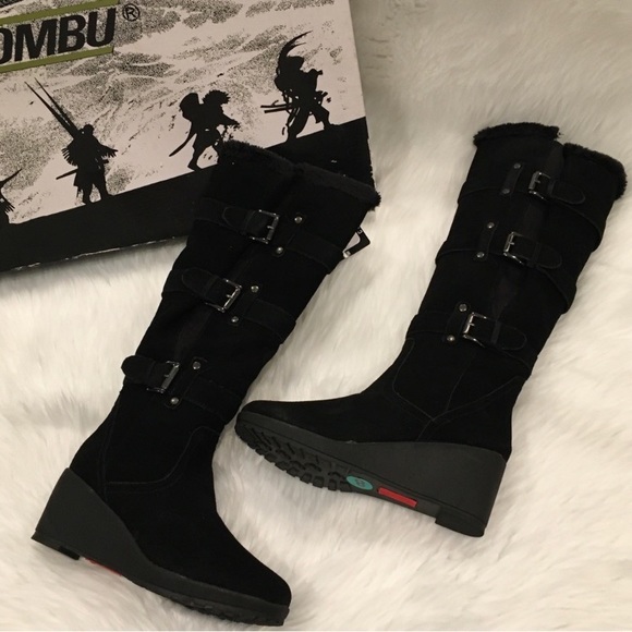 KOHMBU | Greenwich Style Black Leather Suede Tall Wedge Boots - Picture 5 of 14